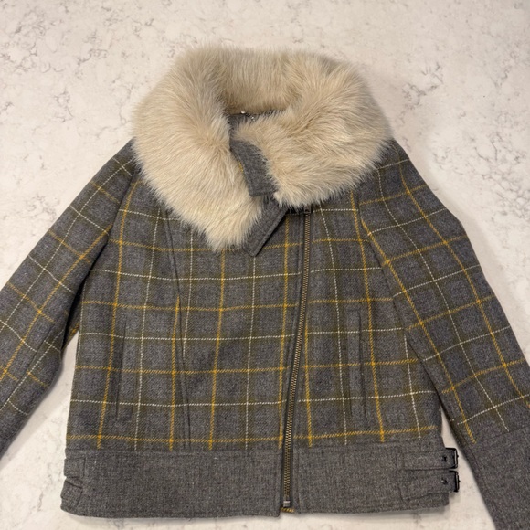 Banana Republic Gray Plaid Wool Moto Jacket with Faux Fur Collar – Size M Petite